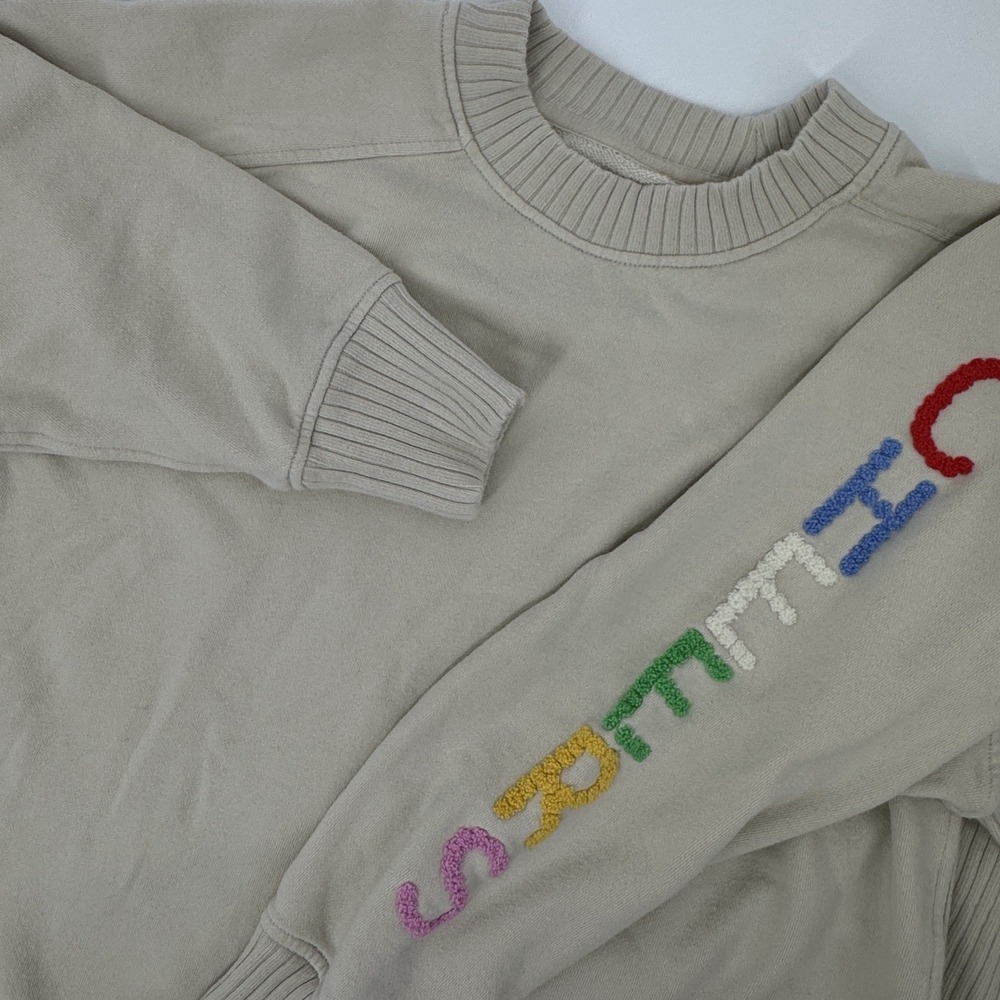 Aerie Oversized Crewneck Sweatshirt Medium Beige Rainbow "Cheers" Sleeve Lounge - Picture 2 of 10